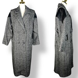 Vintage Double Breasted Tweed Coat Black White Leather Shoulder Detail Size 9 10